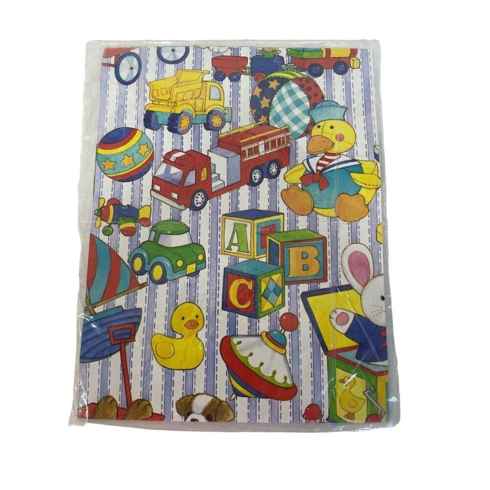 Gift Wrap Paper Baby Newborn Ducks‎ Trucks Blocks Primary Colors VTG USA Made